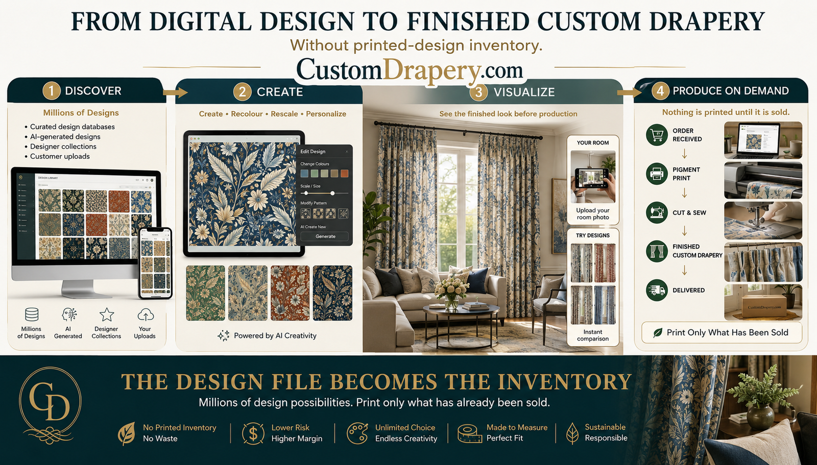 From digital design to finished custom drapery without printed-design inventory